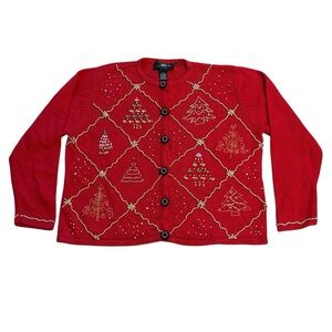 Vintage Red Beaded Holiday Cardigan Sweater Christmas Tree Embroidery Size M